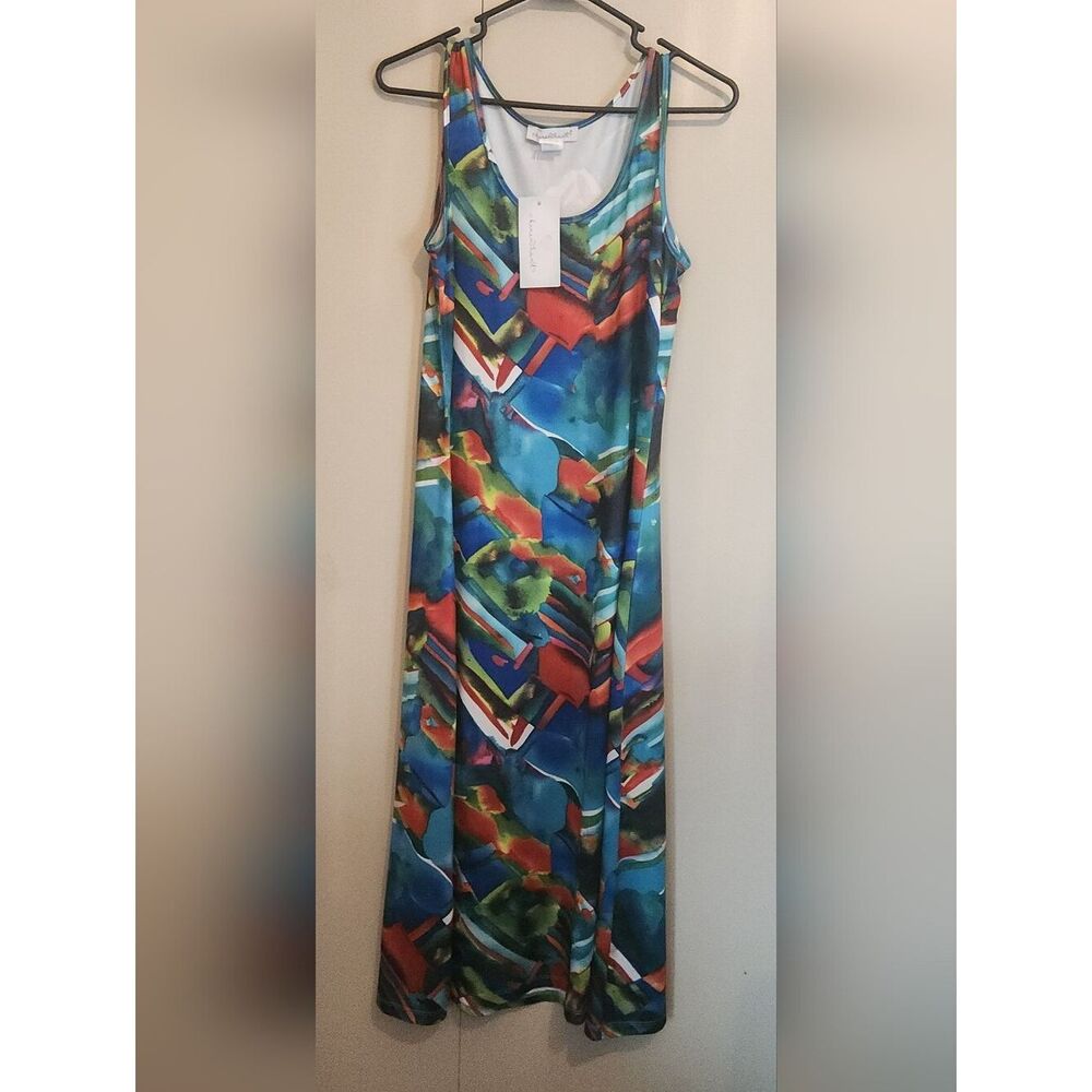 D1 Keren Hart vibrant Print Summer Tank A-line Dress midi - Blue, red & Green